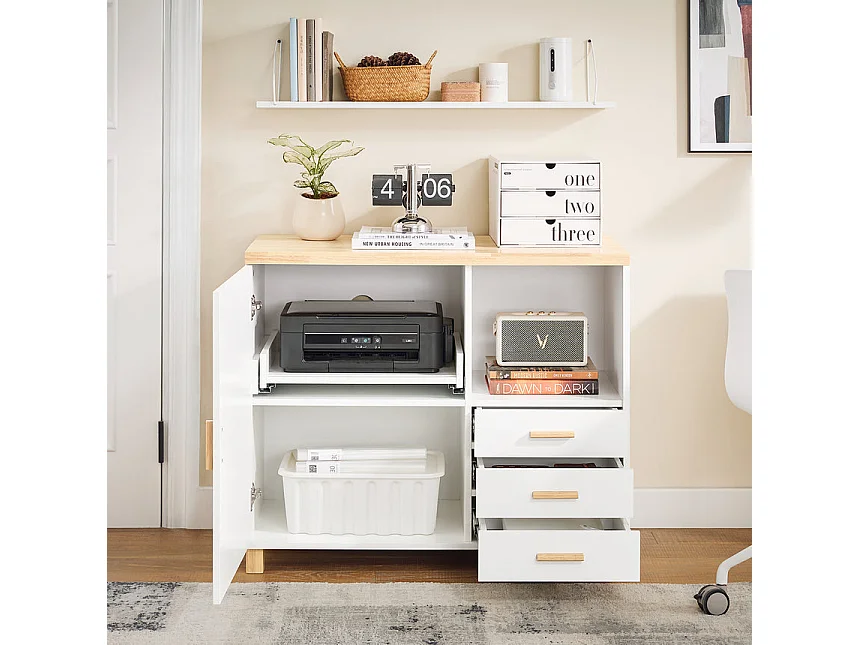 SoBuy ASK07-WN Caisson de Bureau, Support Imprimante, Organiseur Bureau, Meuble de Rangement Bureau, Caisson de Rangement avec Tiroirs, – 90x45x75 cm