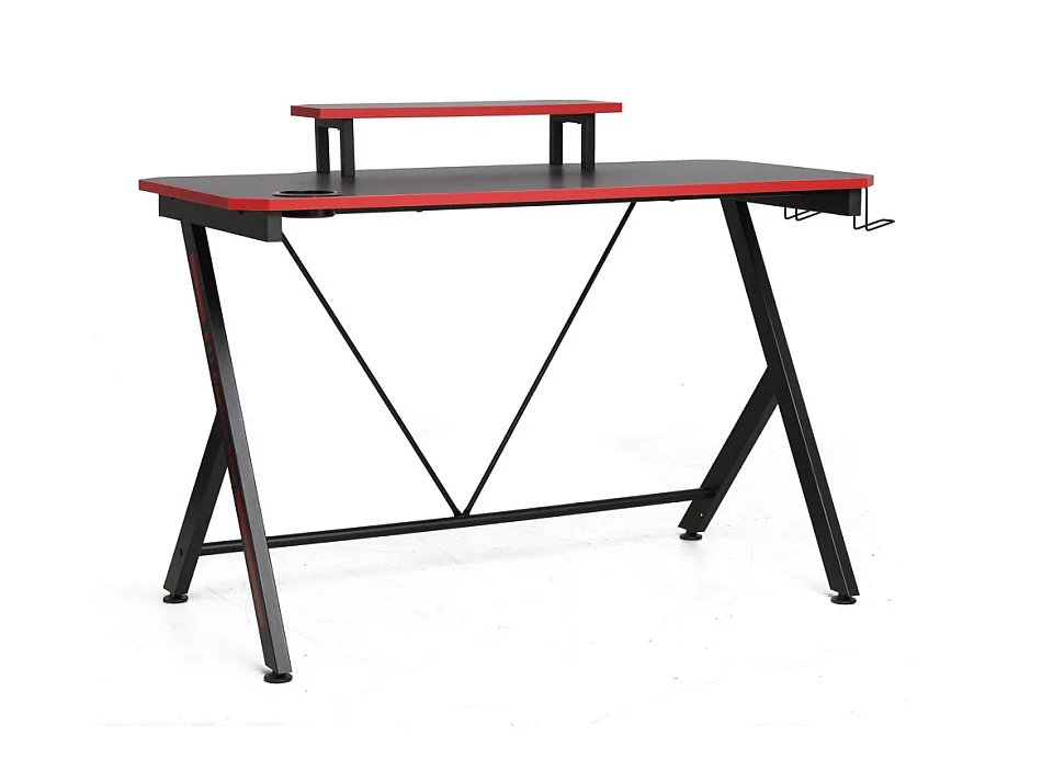 Bureau gamer + support écran porte gobelet et accroche casques "B-202" - Noir/Rouge - L 120 x H 76 cm