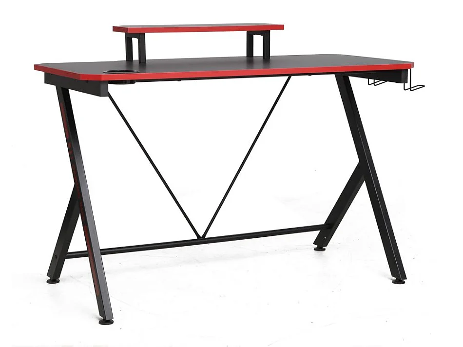 Bureau gamer + support écran porte gobelet et accroche casques "B-202" - Noir/Rouge - L 120 x H 76 cm