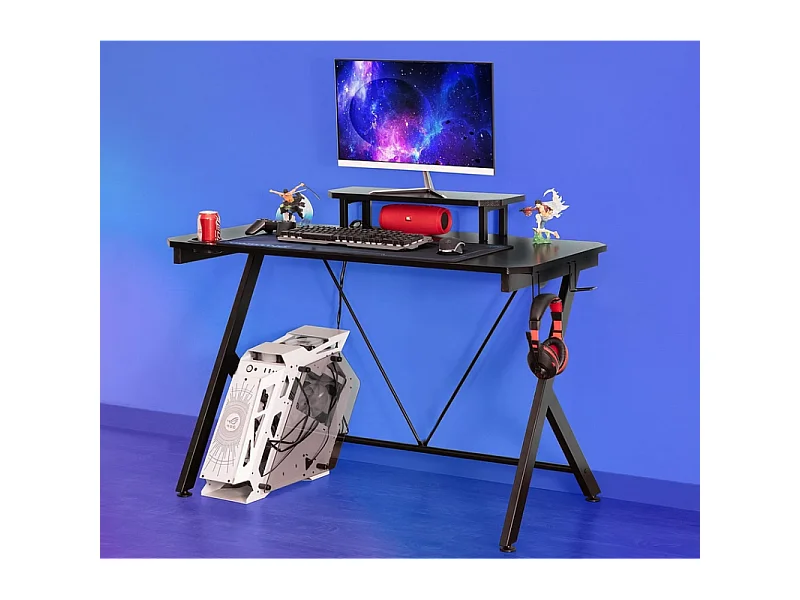 Bureau gamer + support écran porte gobelet et accroche casques "B-202" - Noir/Rouge - L 120 x H 76 cm