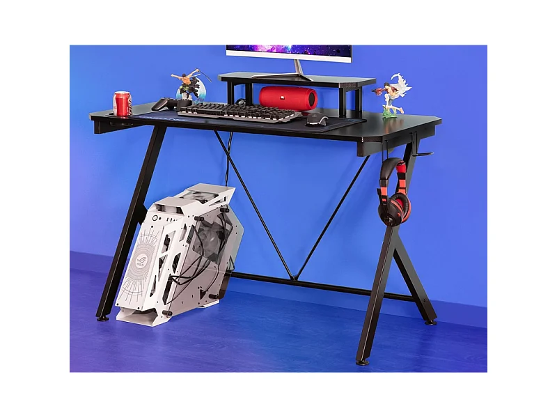 Bureau gamer + support écran porte gobelet et accroche casques "B-202" - Noir/Rouge - L 120 x H 76 cm