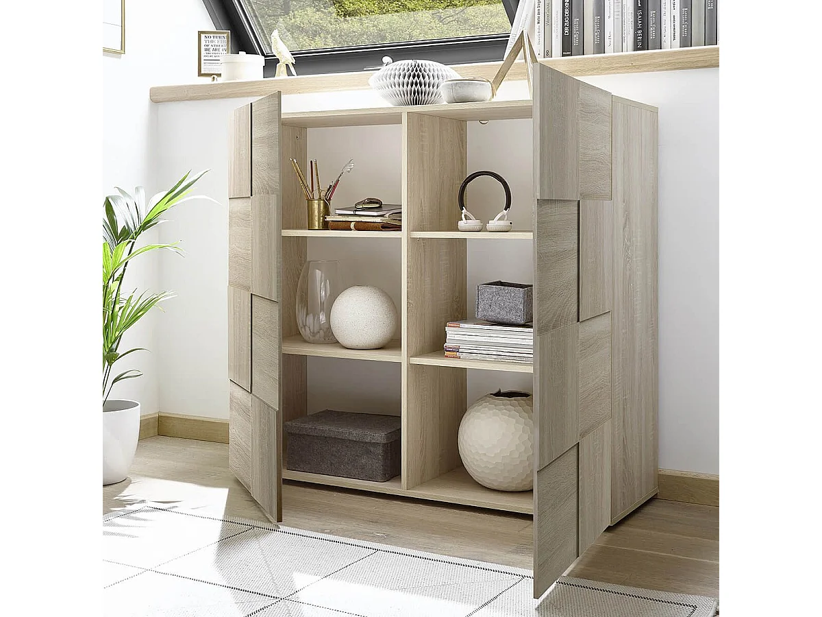 REBECCA - Meuble Rangement 2 Portes Aspect Bois Samoa Relief Damiers