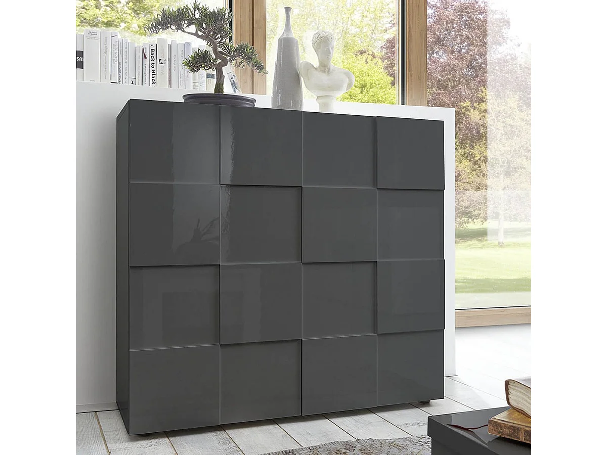 REBECCA - Meuble Rangement 2 Portes Laqué Gris Carbone Relief Damiers