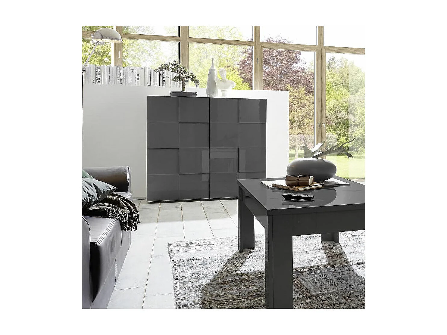 REBECCA - Meuble Rangement 2 Portes Laqué Gris Carbone Relief Damiers