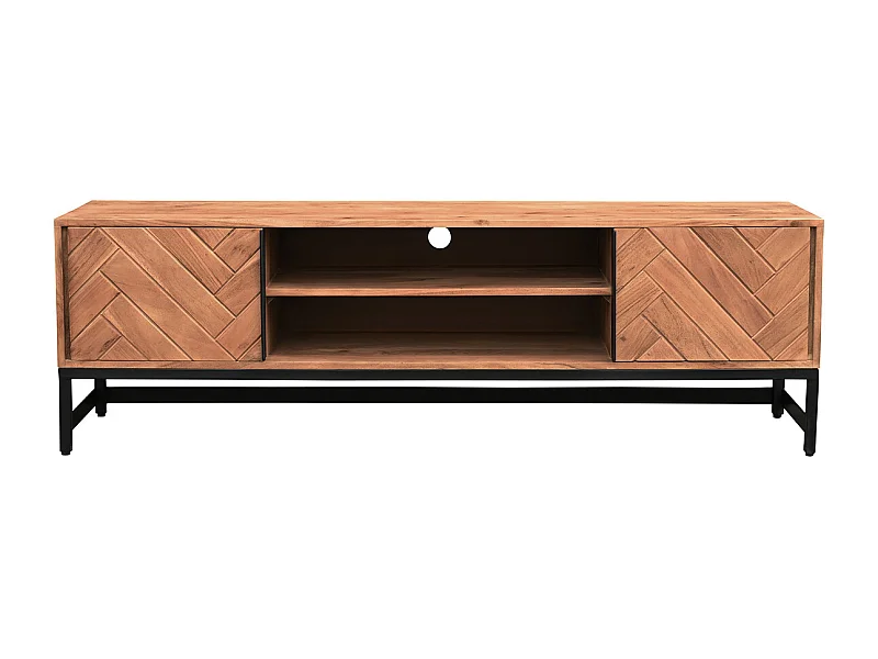 Meuble TV à motifs chevrons en bois massif et métal noir L158 cm STICK