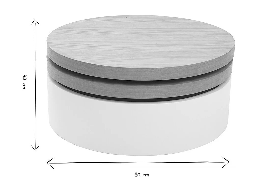 Tavolino rotondo con piatti girevoli e cassetti bianco e legno ICON