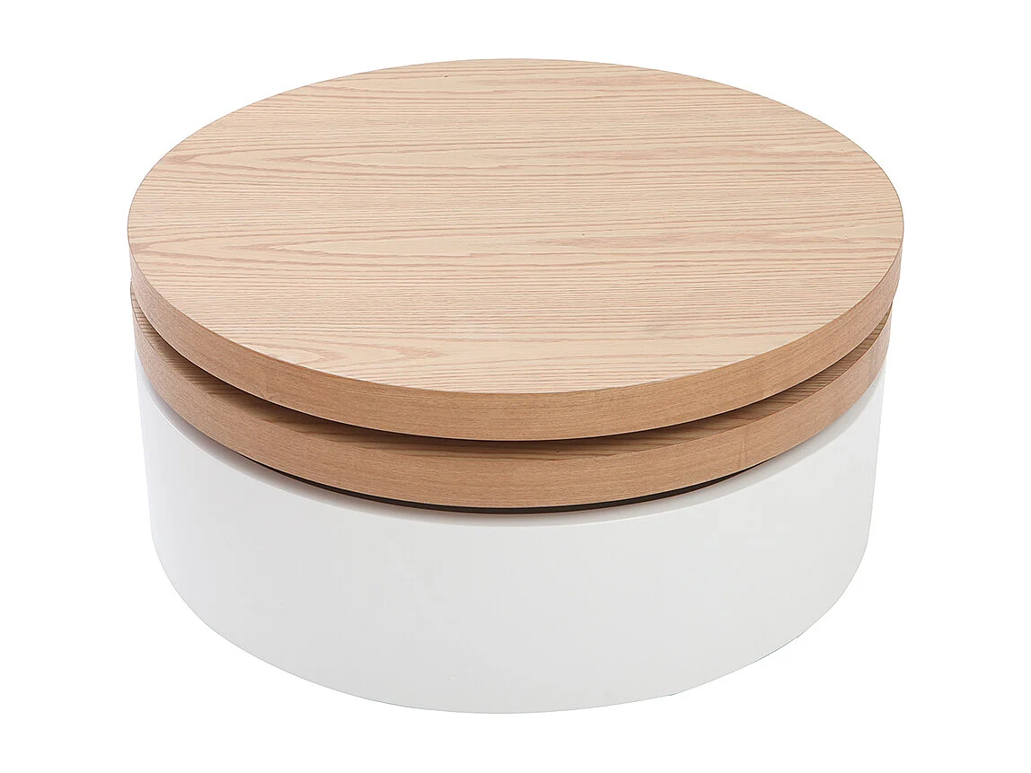 Table basse ronde avec plateaux pivotants et rangement blanc et bois clair chêne D80 cm ICON