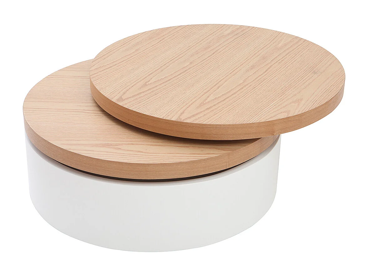Table basse ronde avec plateaux pivotants et rangement blanc et bois clair chêne D80 cm ICON