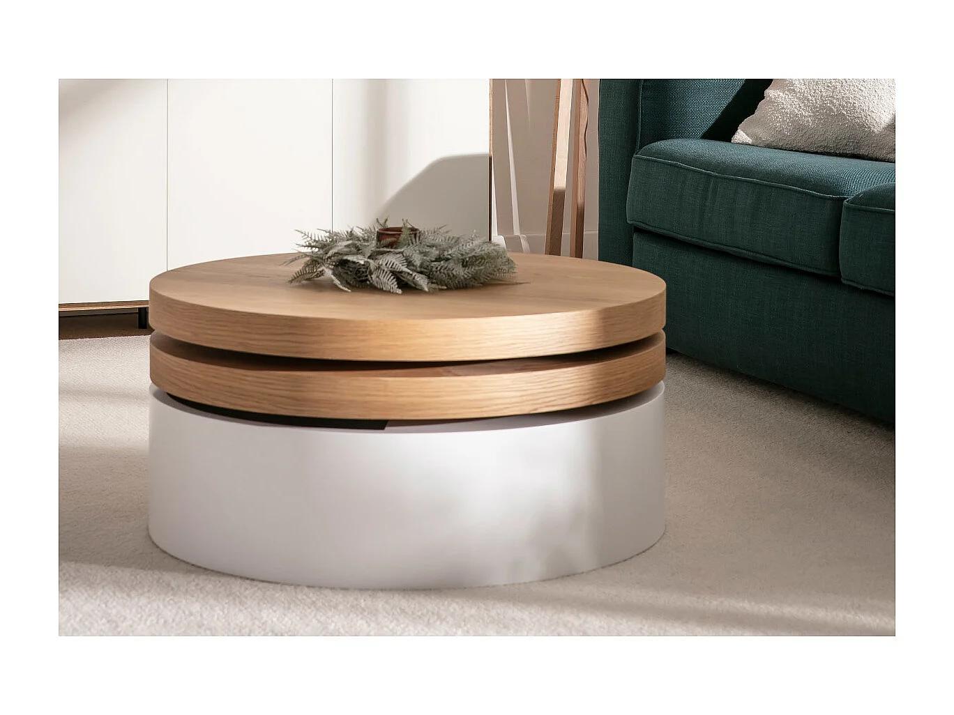 Table basse ronde avec plateaux pivotants et rangement blanc et bois clair chêne D80 cm ICON