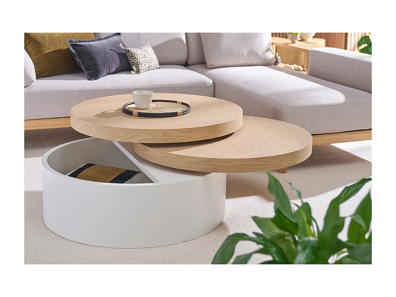 Tavolino rotondo con piatti girevoli e cassetti bianco e legno ICON