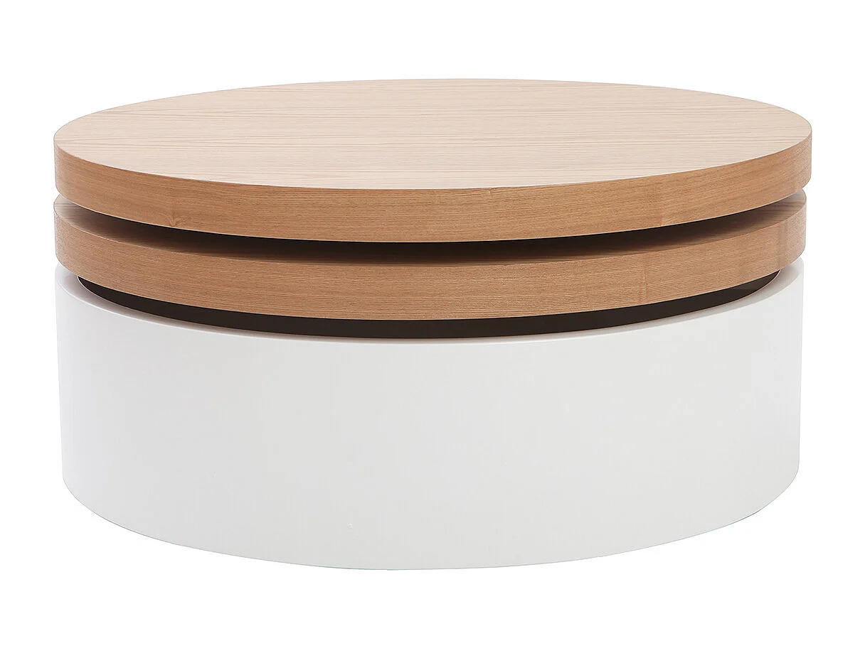 Tavolino rotondo con piatti girevoli e cassetti bianco e legno ICON
