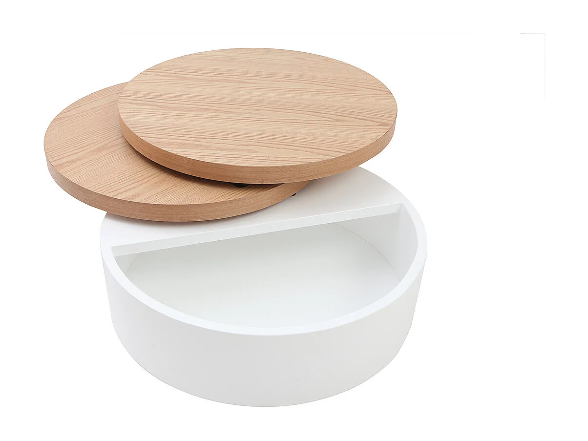Tavolino rotondo con piatti girevoli e cassetti bianco e legno ICON