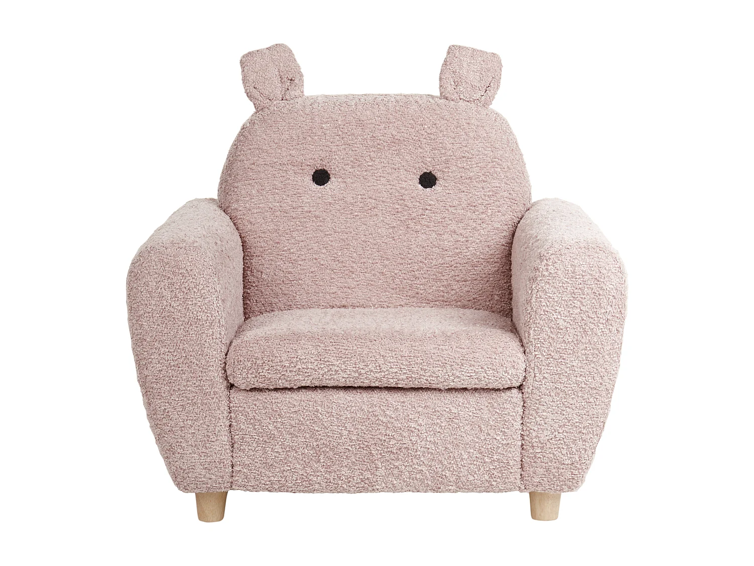 Kindersessel Bouclé Stoff rosa mit Armlehnen Holzbeinen Tierform Hippo Maribo
