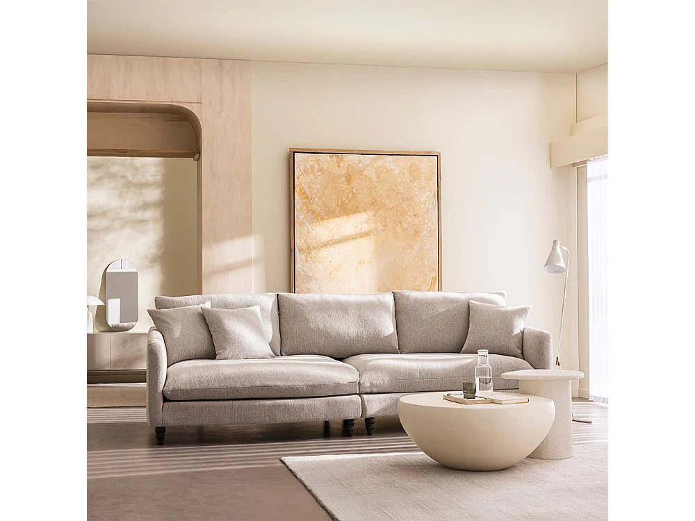 Farrah - Canapé d'angle gauche convertible 5 places en tissu pieds tournés  - Naturel chiné