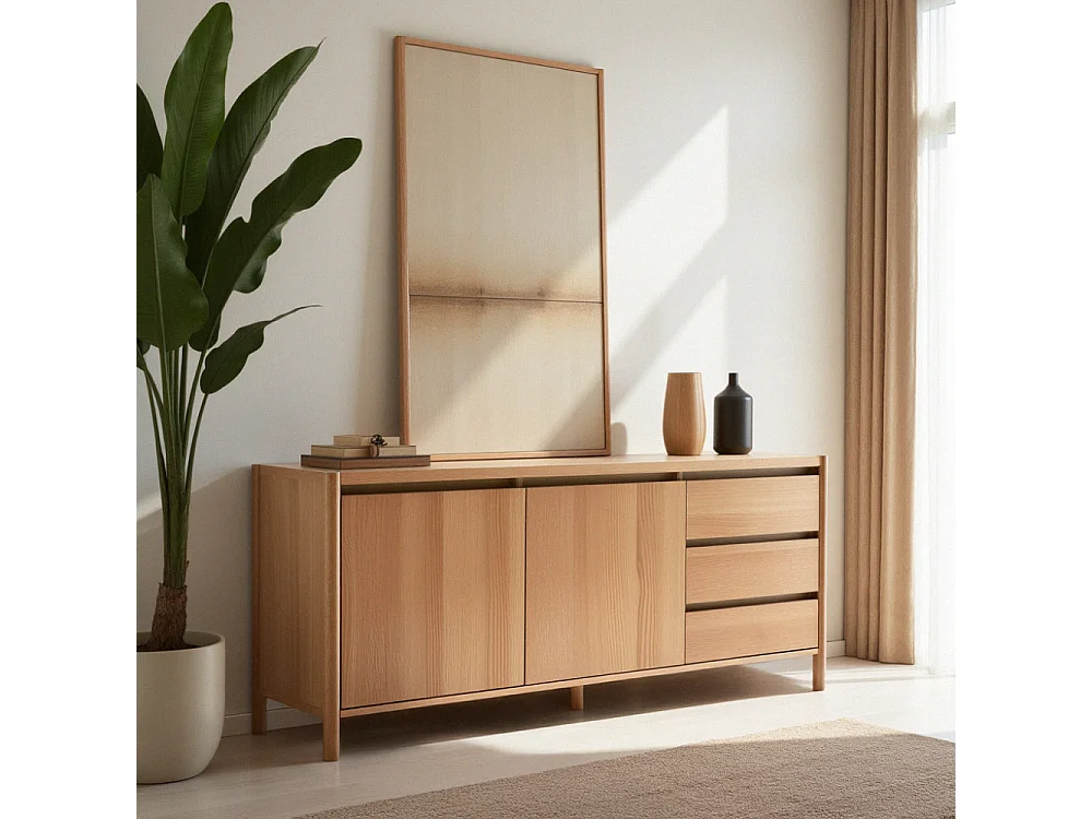 Verade - Buffet 2 portes 3 tiroirs en bois L160cm - Bois clair