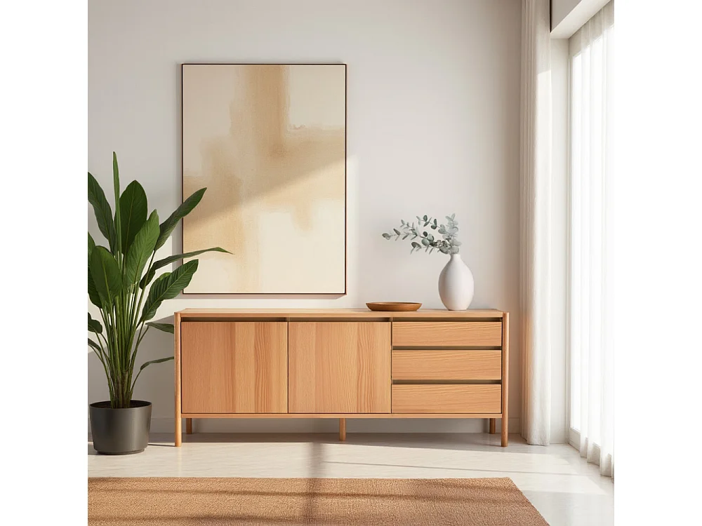 Verade - Buffet 2 portes 3 tiroirs en bois L160cm - Bois clair