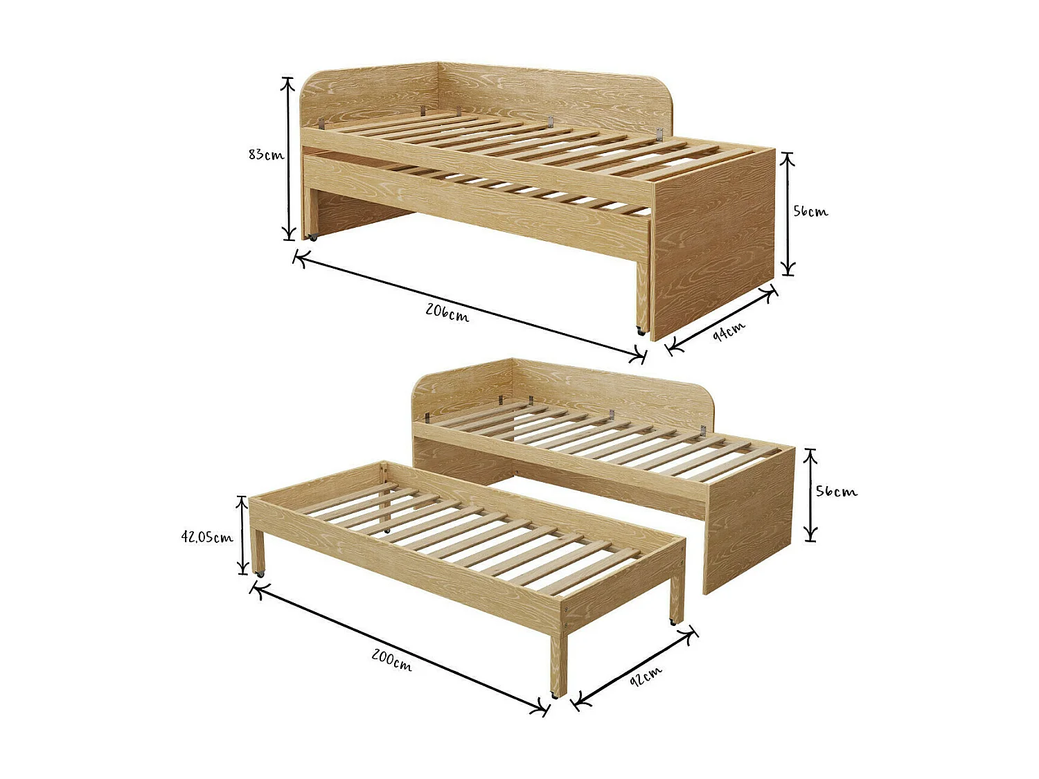 Lit gigogne avec tiroir 90x200 cm bois massif bois NOHA