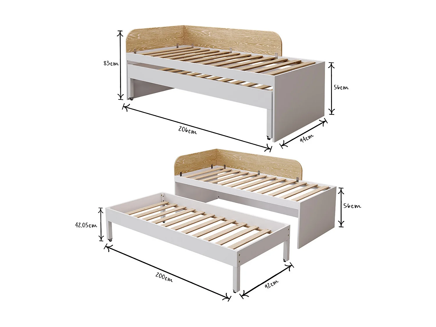 Lit gigogne avec tiroir 90x200 cm bois massif blanc NOHA