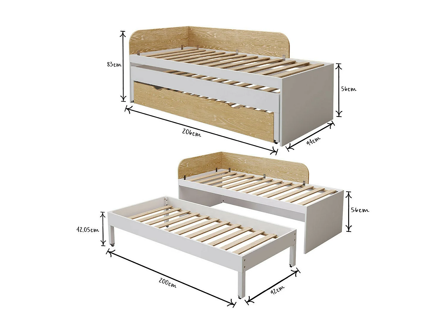 Pack lit gigogne avec tiroir et matelas 90x200 cm bois massif blanc et bois NOHA
