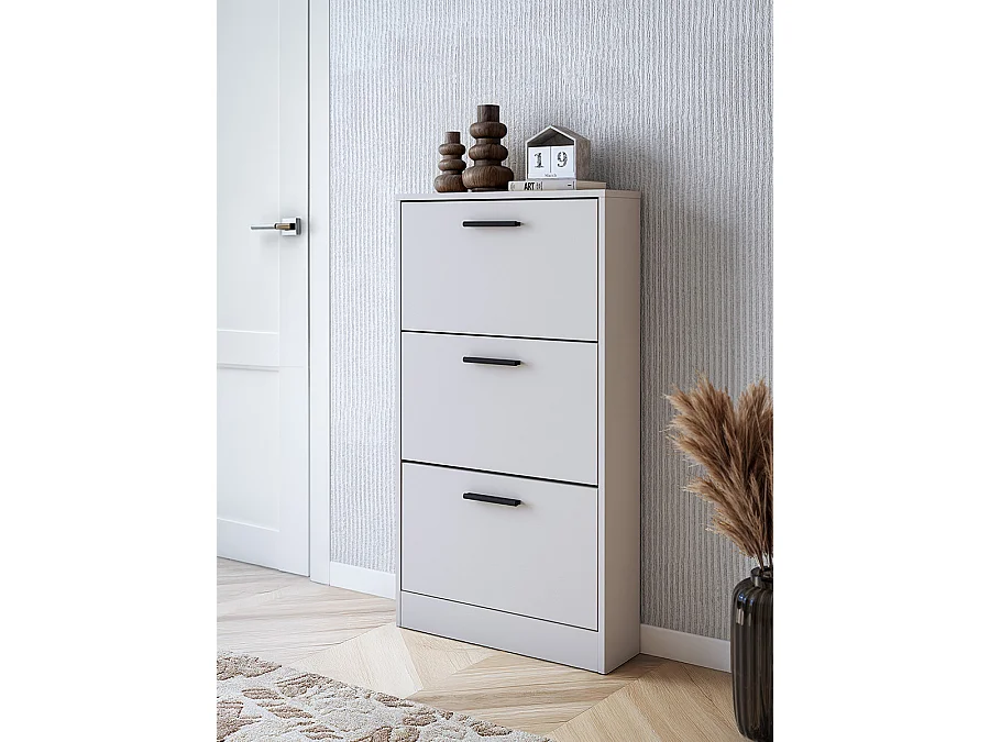 Meuble à chaussures, commode à chaussures à 3 portes coloris beige - Longueur 59,80  x profondeur 17 x hauteur 107,70 cm