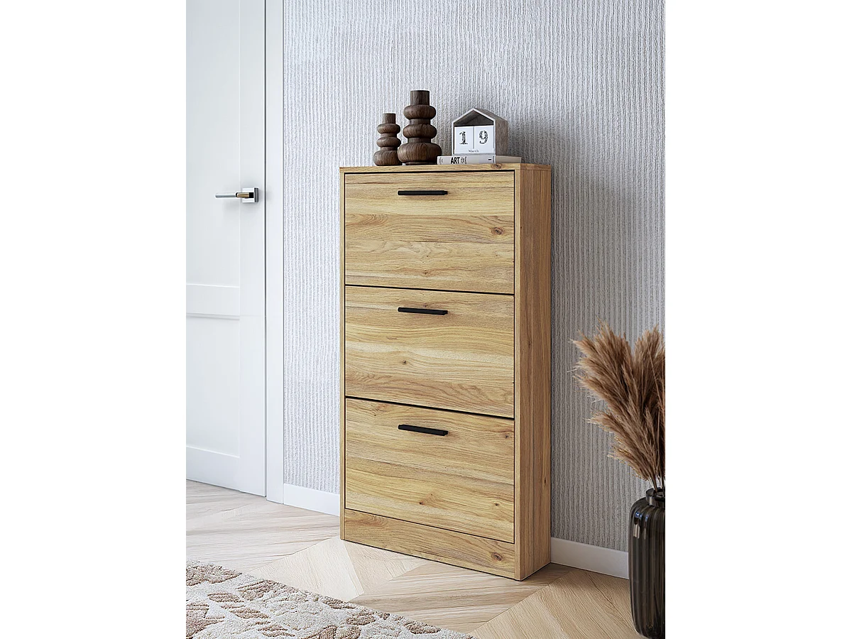 Meuble à chaussures, commode à chaussures à 3 portes coloris  chêne Mauvella - Longueur 59,80  x profondeur 17 x hauteur 107,70 cm