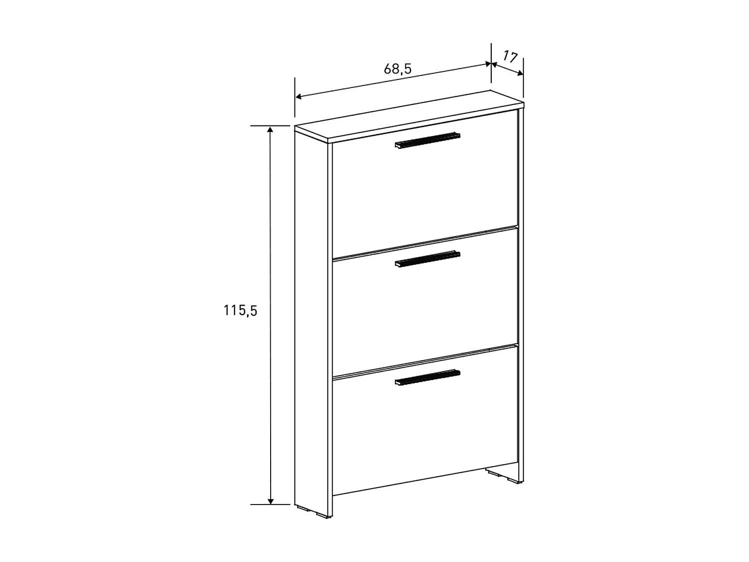 Meuble à chaussures, commode à chaussures à 3 portes coloris chêne Mauvella -  Longueur 68,50 x profondeur 17 x hauteur 115,50 cm