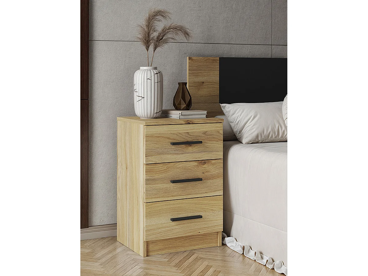 Table de nuit, table de chevet avec 3 tiroirs coloris chêne Mauvella -  Longueur 39,60 x profondeur 33,50  x hauteur 59,50 cm