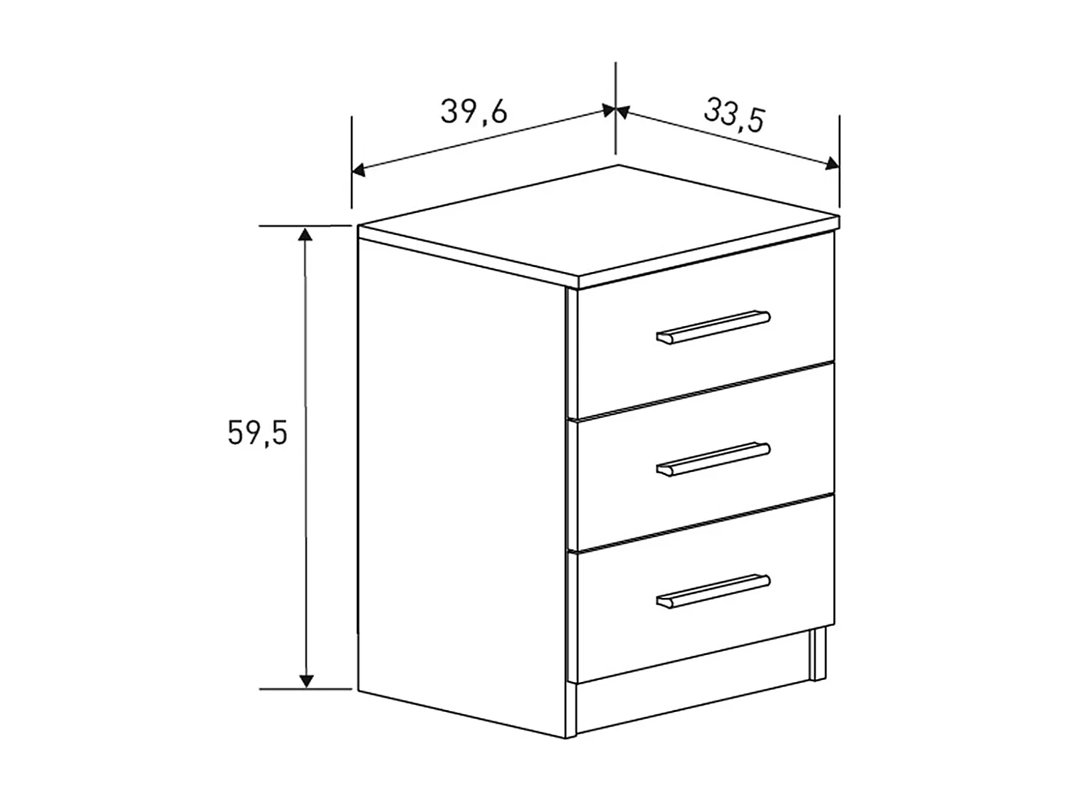 Table de nuit, table de chevet avec 3 tiroirs coloris chêne Mauvella -  Longueur 39,60 x profondeur 33,50  x hauteur 59,50 cm