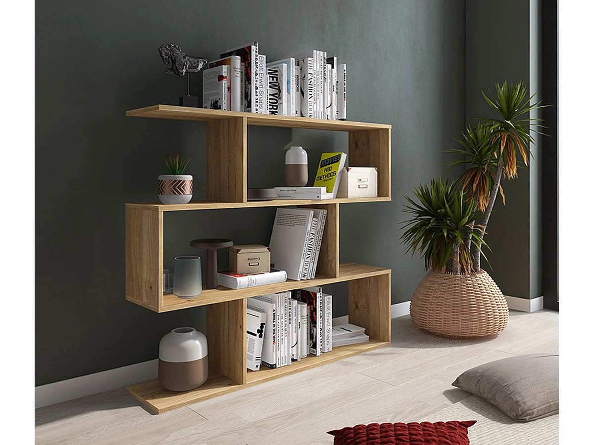 Etagère asymétrique basse, meuble étagère basse coloris chêne Mauvella - Longueur 110 x profondeur 24,60 x hauteur 96,3 cm