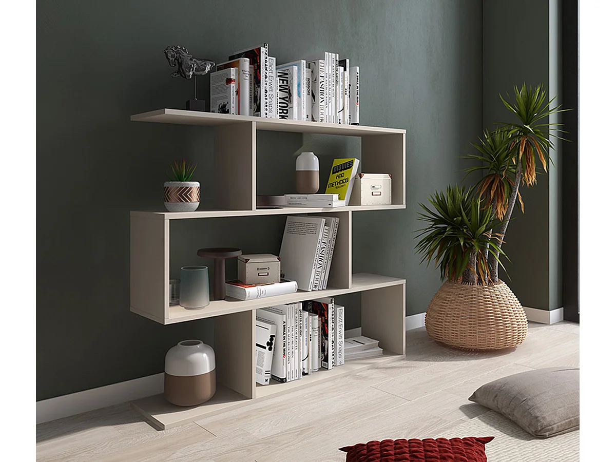 Etagère asymétrique basse, meuble étagère basse coloris beige - Longueur 110 x profondeur 24,60 x hauteur 96,3 cm