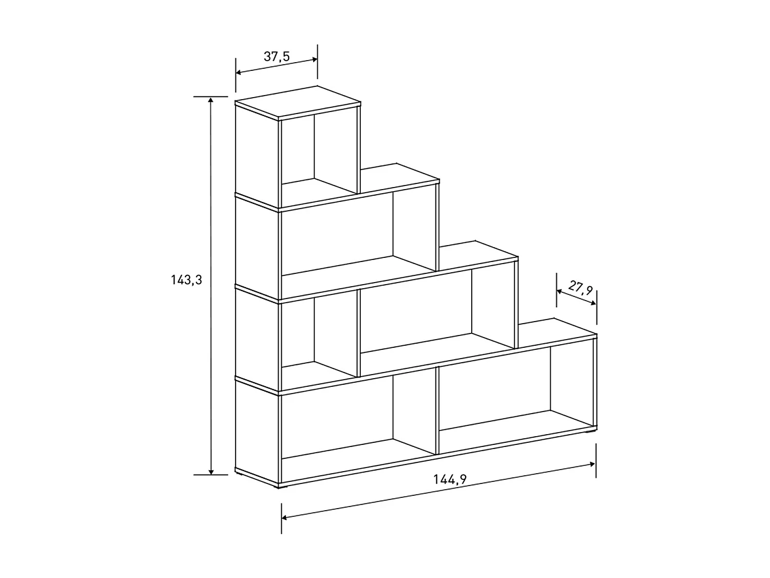 Etagère escalier, meuble étagère avec 6 compartiments coloris beige - Longueur 144,9 x profondeur 27,90 x hauteur 143,30 cm