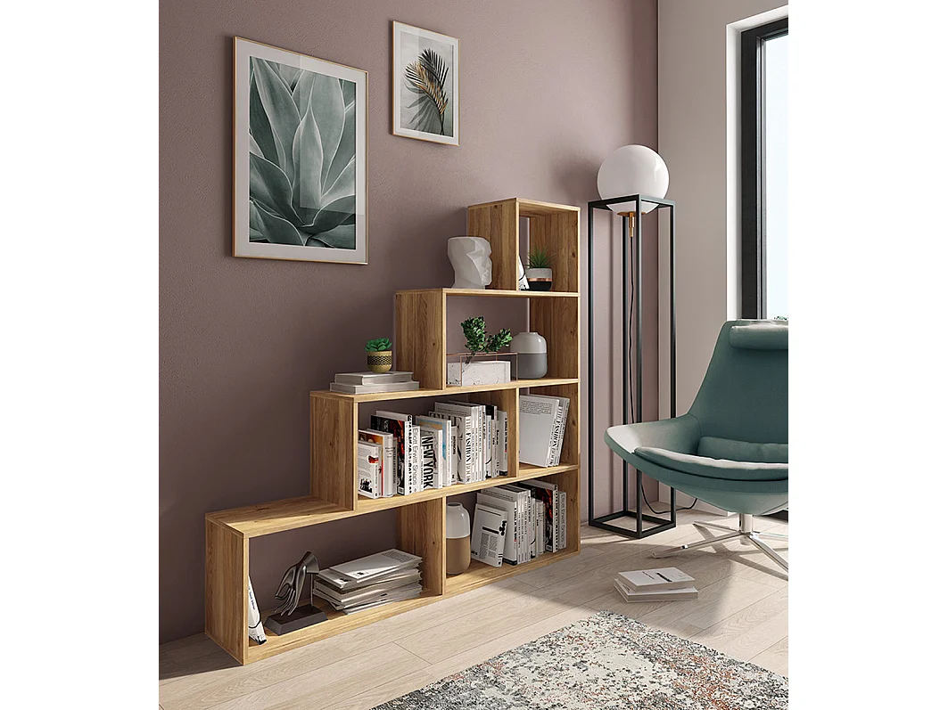 Etagère escalier, meuble étagère avec 6 compartiments coloris chêne Mauvella - Longueur 144,9 x profondeur 27,90  x hauteur 143,30 cm