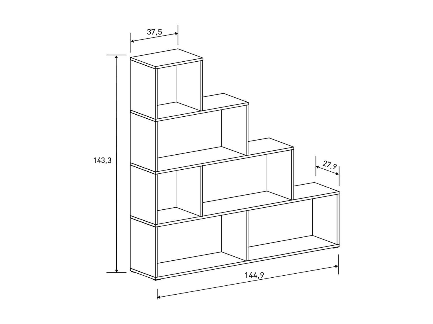 Etagère escalier, meuble étagère avec 6 compartiments coloris chêne Mauvella - Longueur 144,9 x profondeur 27,90  x hauteur 143,30 cm