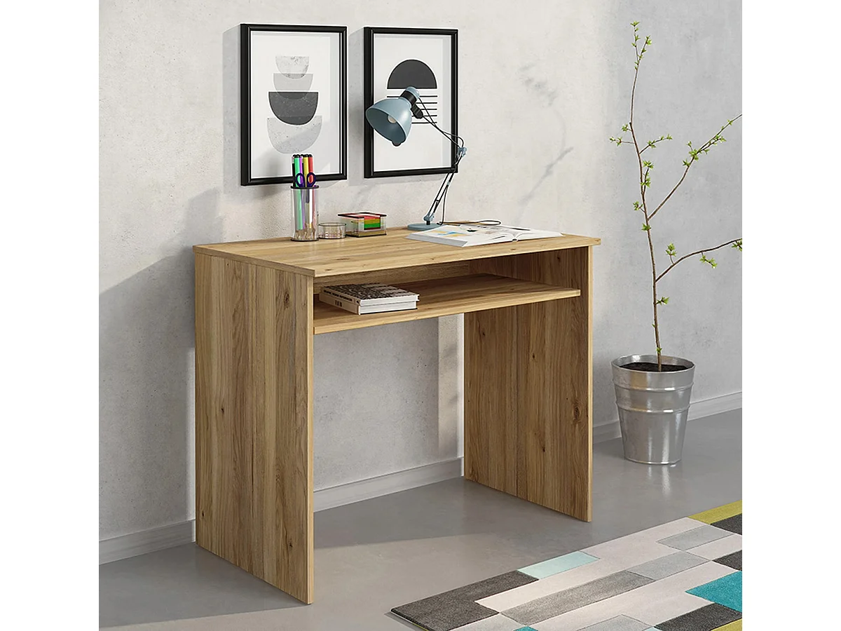 Table de bureau, meuble de bureau avec étagère coloris chêne Mauvella  - Longueur 90 x profondeur 54 x hauteur 75 cm