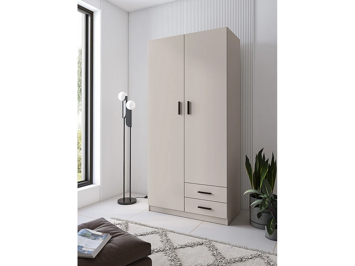 Armoire, meuble de rangement avec 2 portes et 2 tiroirs coloris beige - Longueur 100  x profondeur 51,60  x hauteur 208,6 cm