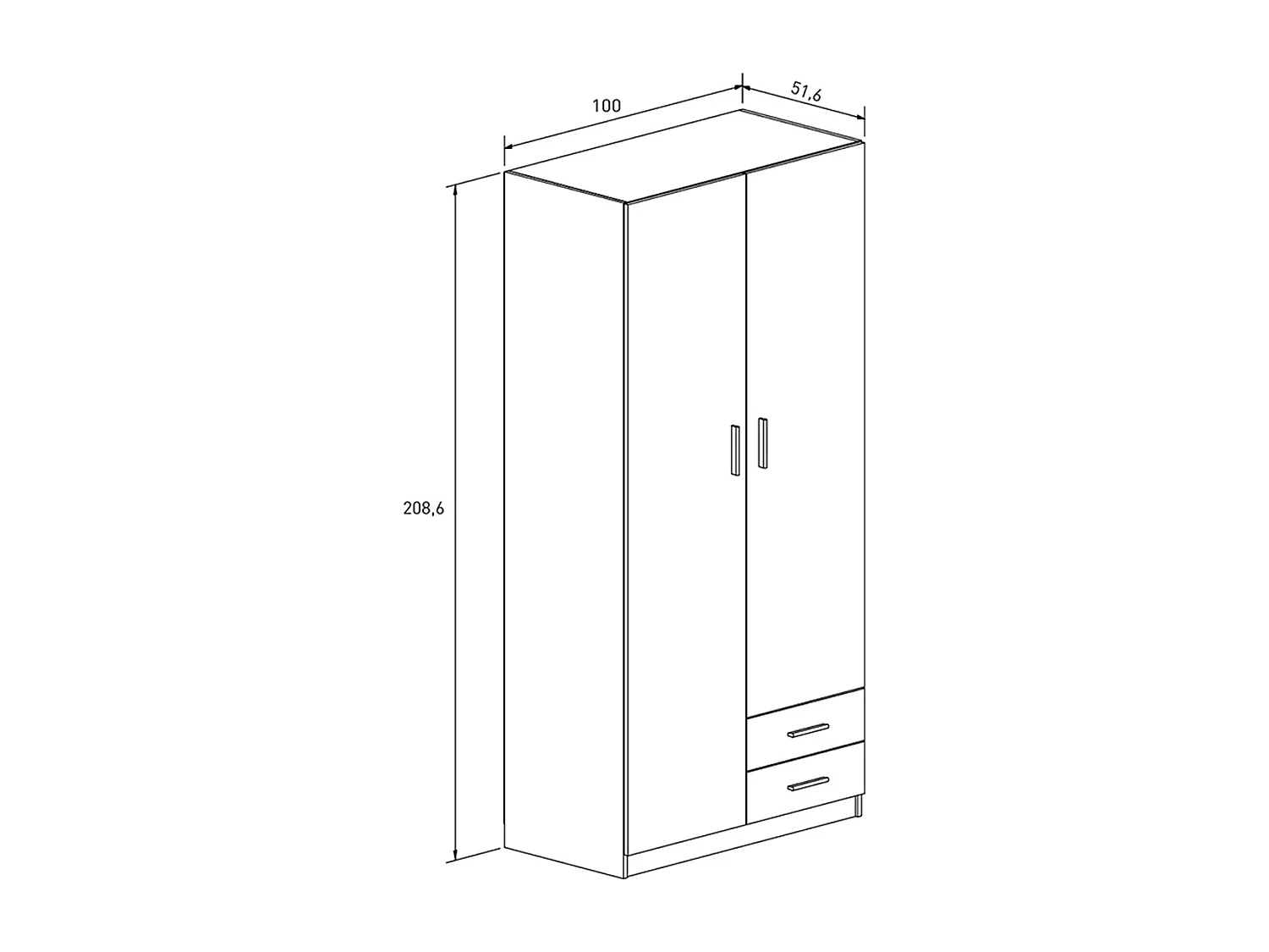 Armoire, meuble de rangement avec 2 portes et 2 tiroirs coloris beige - Longueur 100  x profondeur 51,60  x hauteur 208,6 cm