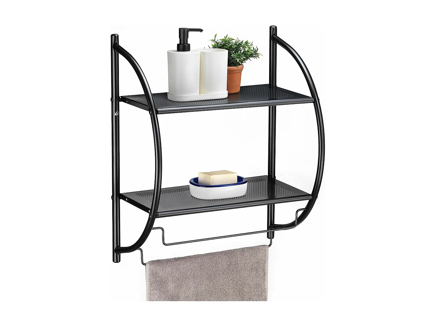 Etagère de salle de bain murale JANINE avec 2 tablettes et 2 tringles portes-serviettes, en métal noir