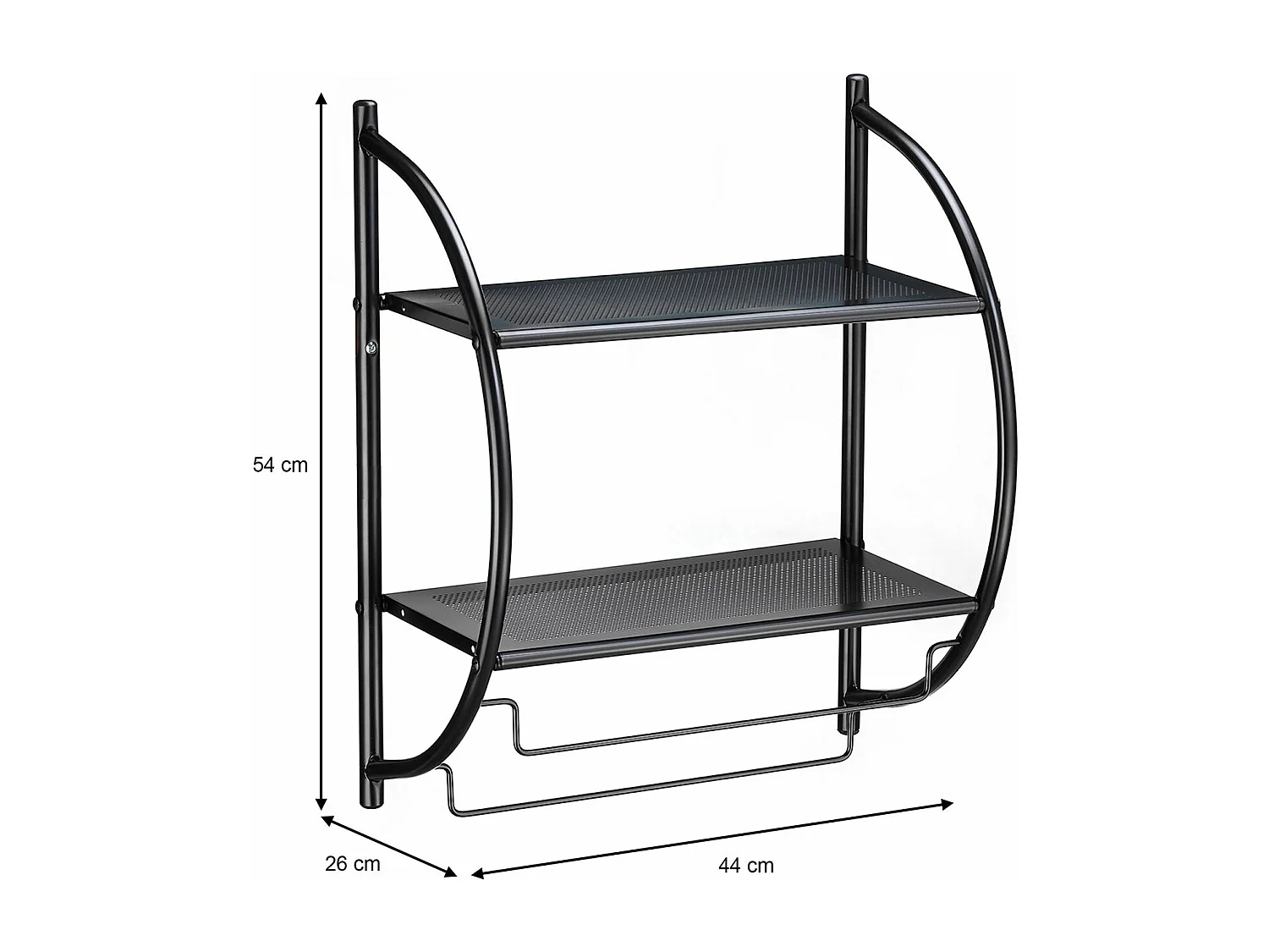 Etagère de salle de bain murale JANINE avec 2 tablettes et 2 tringles portes-serviettes, en métal noir