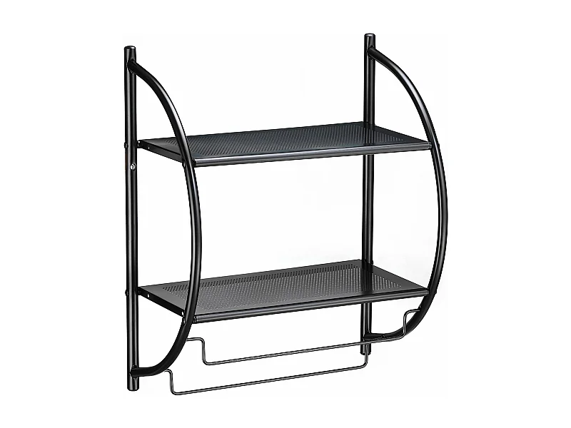 Etagère de salle de bain murale JANINE avec 2 tablettes et 2 tringles portes-serviettes, en métal noir