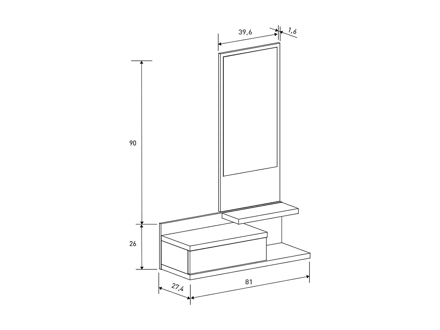 Buffet d'entrée, meuble d'entrée coloris beige + miroir  - Longueur 81 x profondeur 27,40 x hauteur 116 cm
