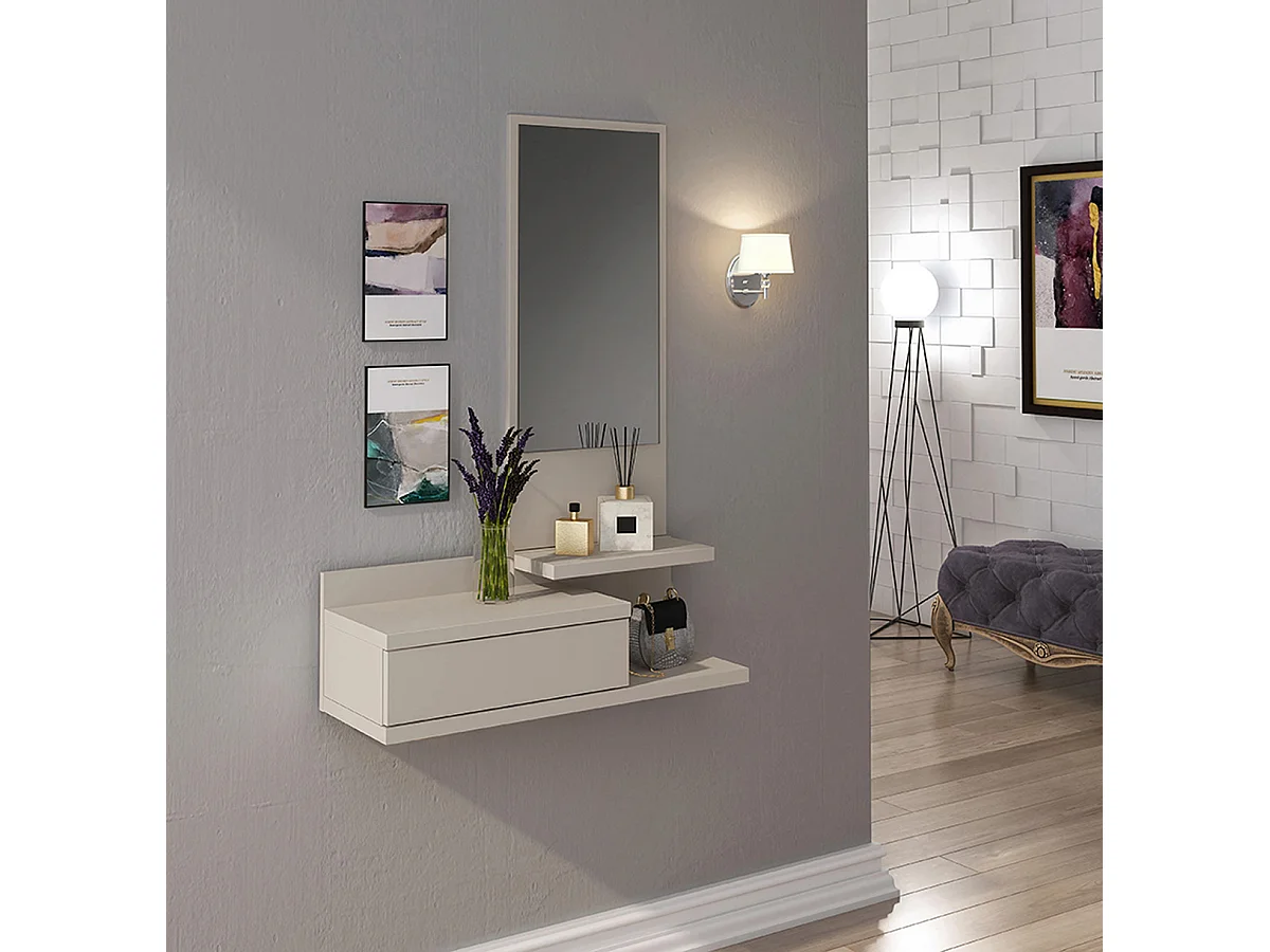 Buffet d'entrée, meuble d'entrée coloris beige + miroir  - Longueur 81 x profondeur 27,40 x hauteur 116 cm