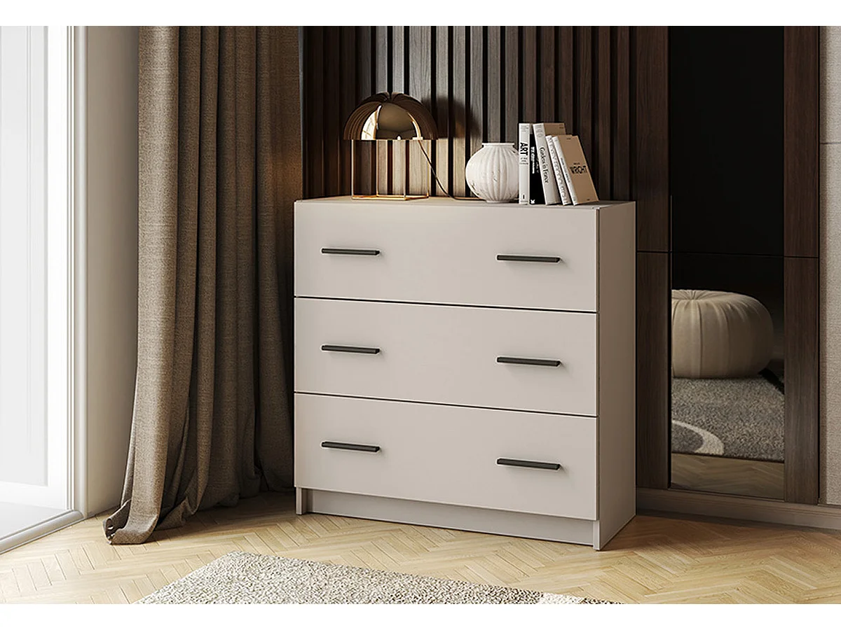 Commode, meuble de rangement avec 3 tiroirs coloris beige - Longueur 80 x profondeur 34,40 x hauteur 81 cm