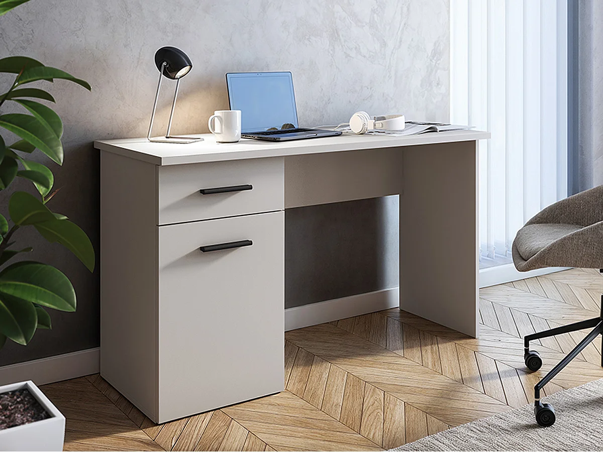 Table de bureau, meuble de bureau avec 1 tiroir et 1 porte coloris beige - Longueur 120 x profondeur 49,80 x hauteur 72 cm