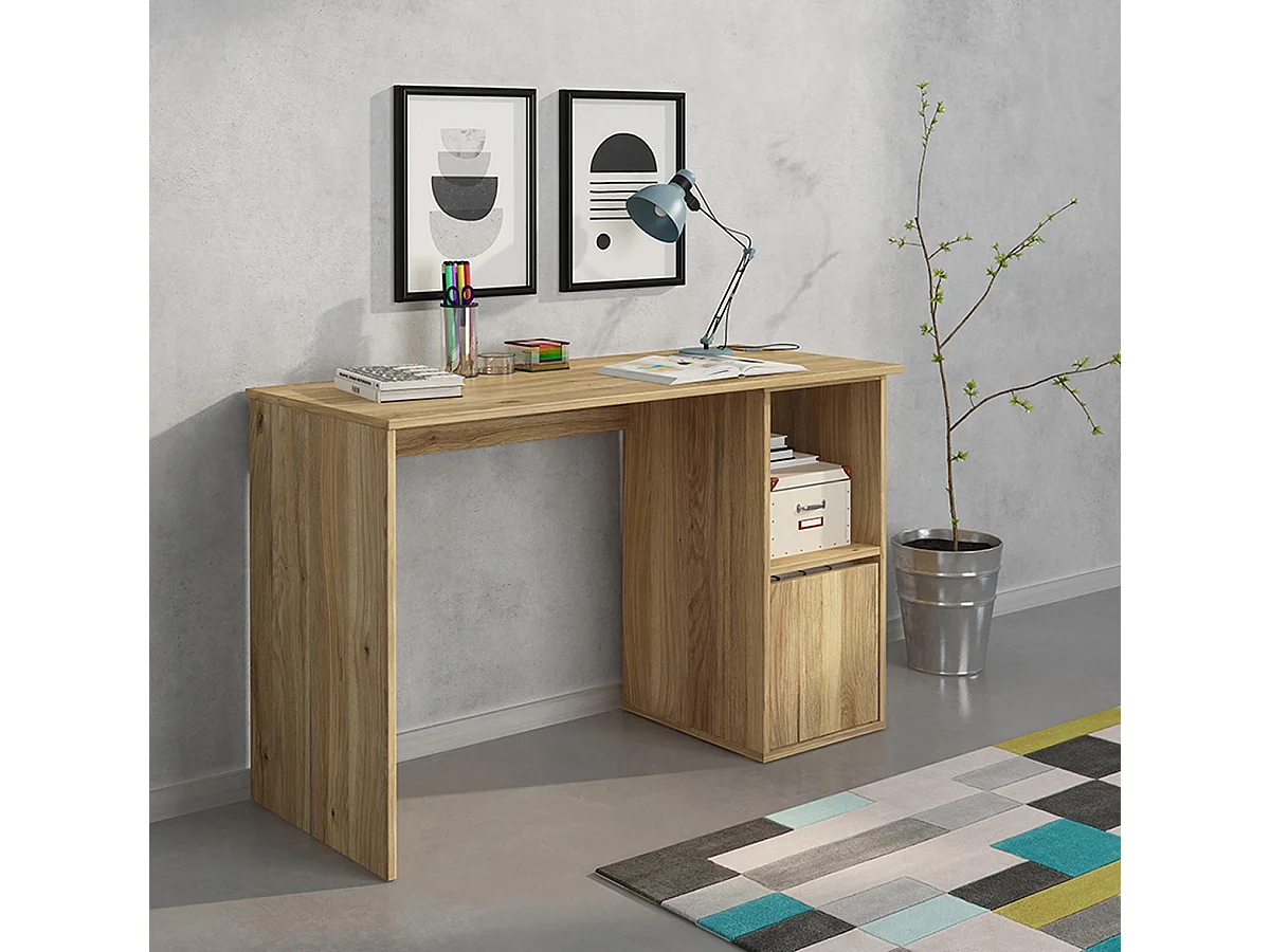 Table de bureau, meuble de bureau avec 1 porte coloris chêne Mauvella  - Longueur 120 x profondeur 50 x hauteur 75 cm