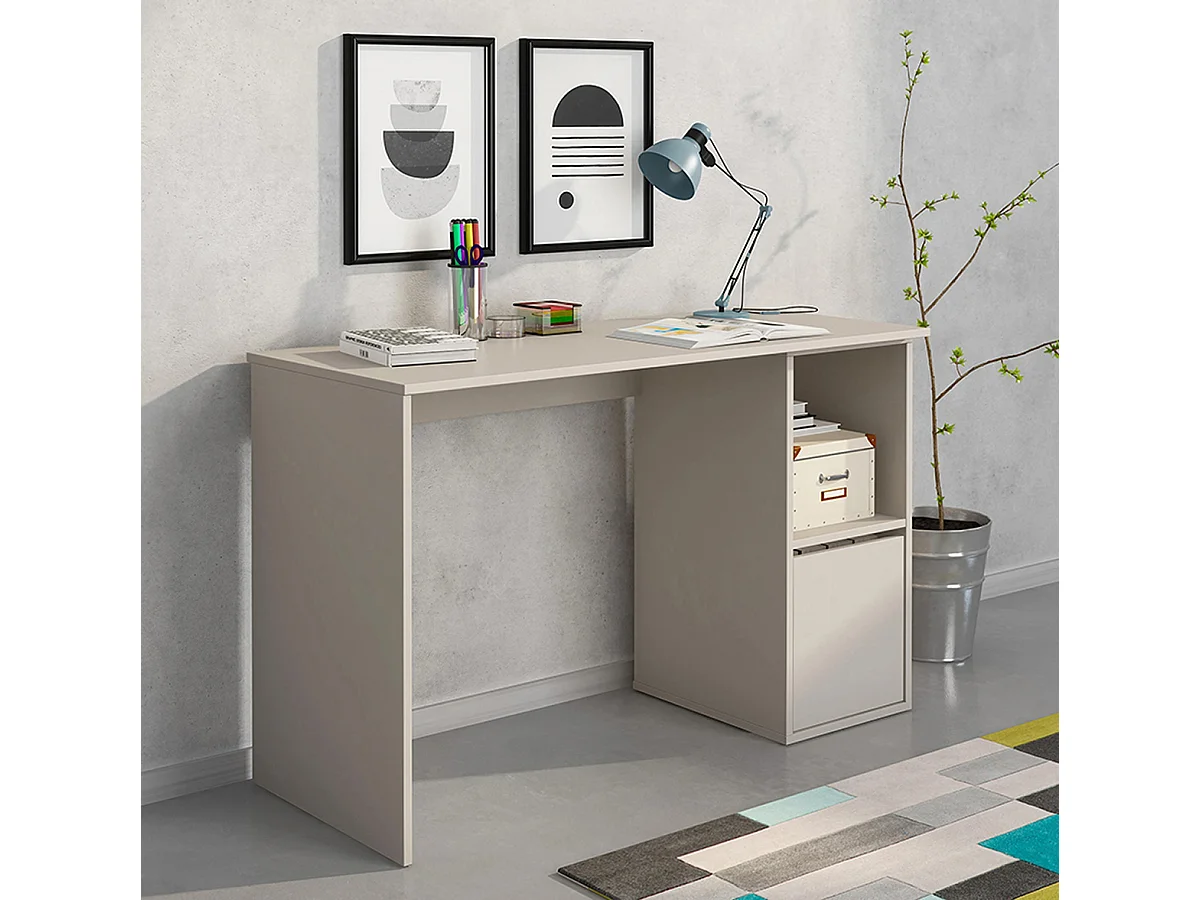 Table de bureau, meuble de bureau avec 1 porte coloris beige - Longueur 120 x profondeur 50 x hauteur 75 cm