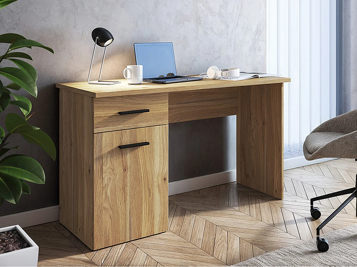 Table de bureau, meuble de bureau avec 1 tiroir et 1 porte coloris chêne Mauvella - Longueur 120 x profondeur 49,80 x hauteur 72 cm