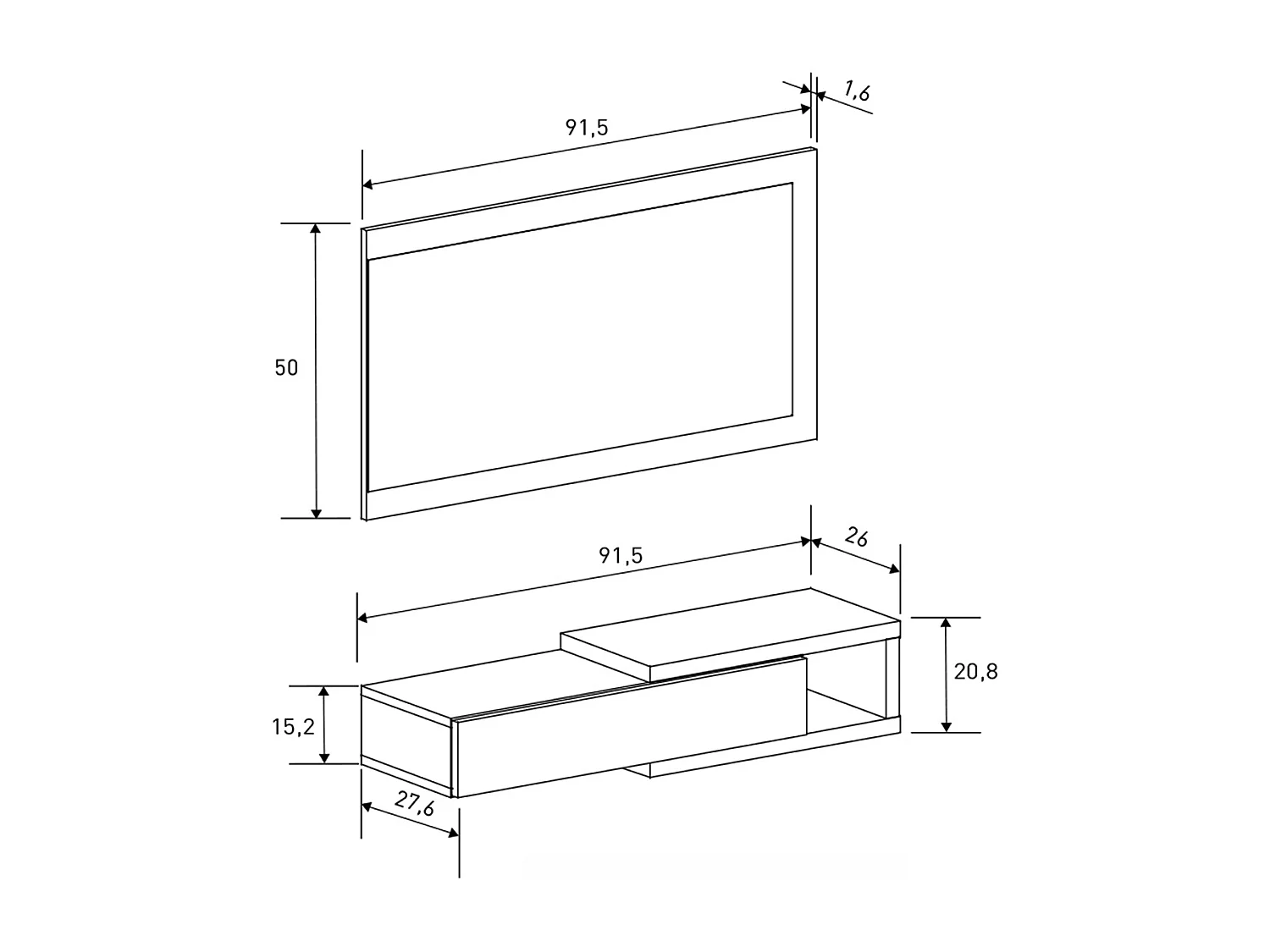 Buffet d'entrée, meuble d'entrée coloris beige + miroir - longueur 91,50 x profondeur 26 x hauteur 65,2 cm