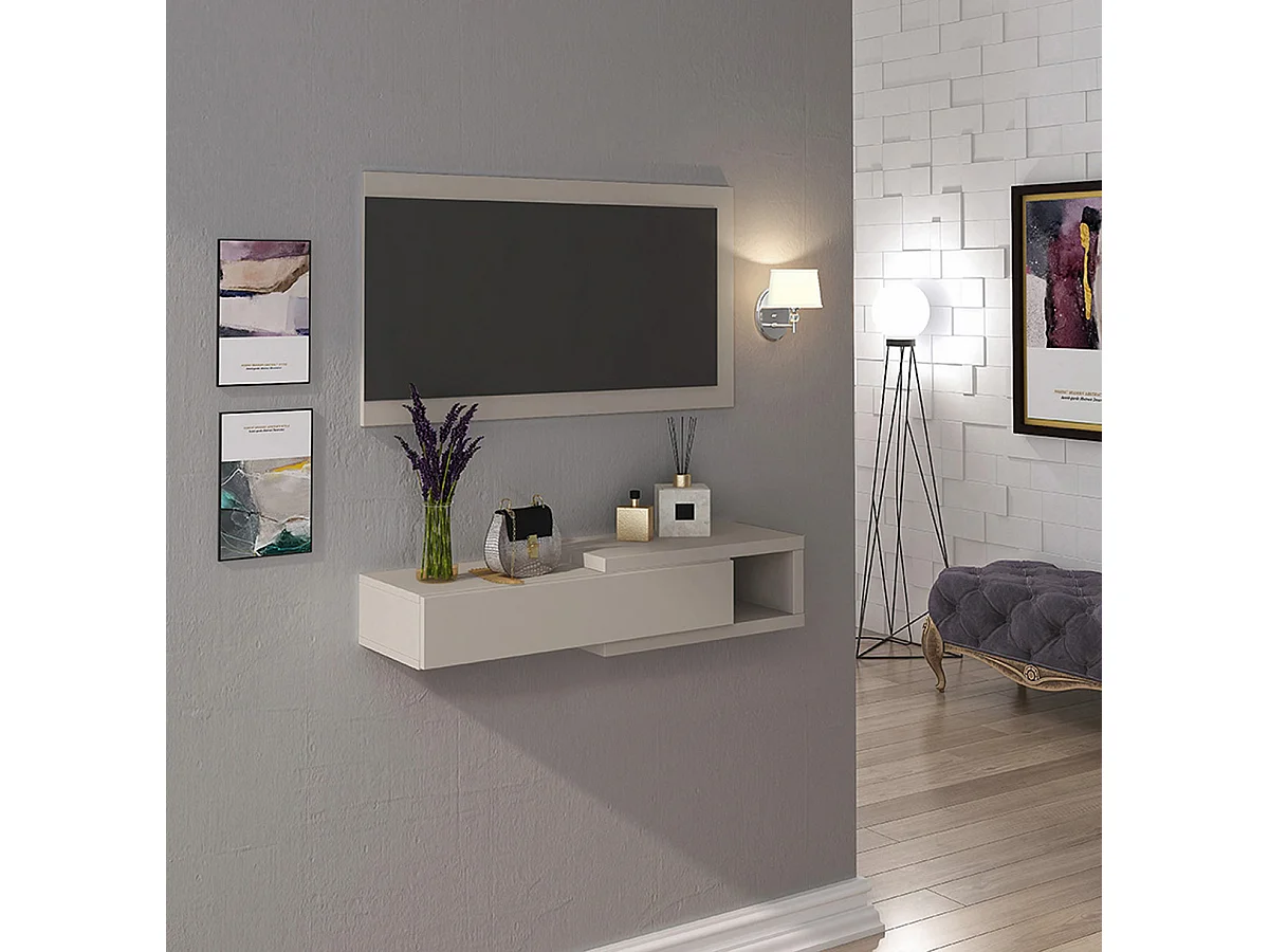 Buffet d'entrée, meuble d'entrée coloris beige + miroir - longueur 91,50 x profondeur 26 x hauteur 65,2 cm