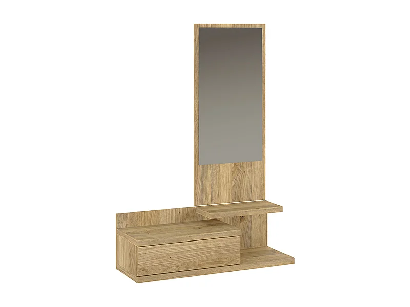 Buffet d'entrée, meuble d'entrée coloris chêne Mauvella  + miroir  - Longueur 81 x profondeur  27,40 x hauteur 116 cm