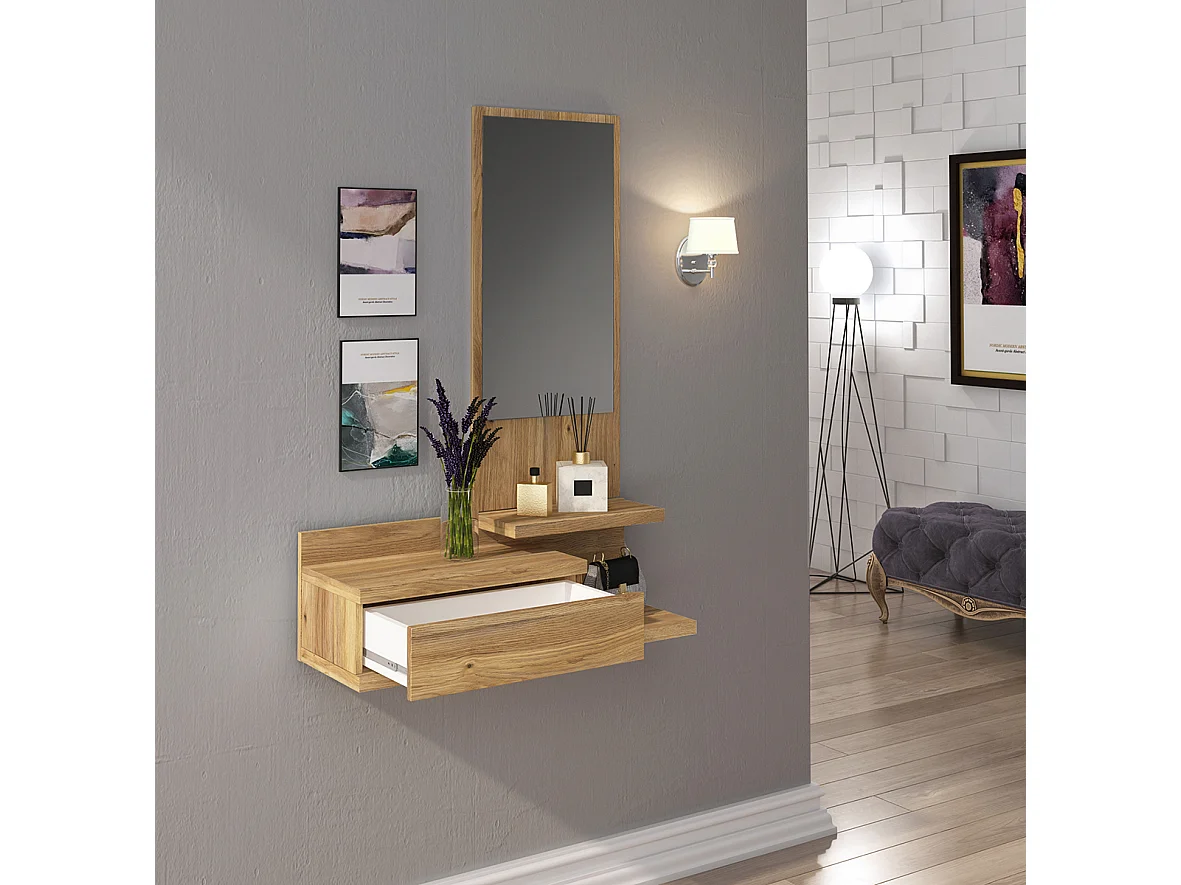 Buffet d'entrée, meuble d'entrée coloris chêne Mauvella  + miroir  - Longueur 81 x profondeur  27,40 x hauteur 116 cm